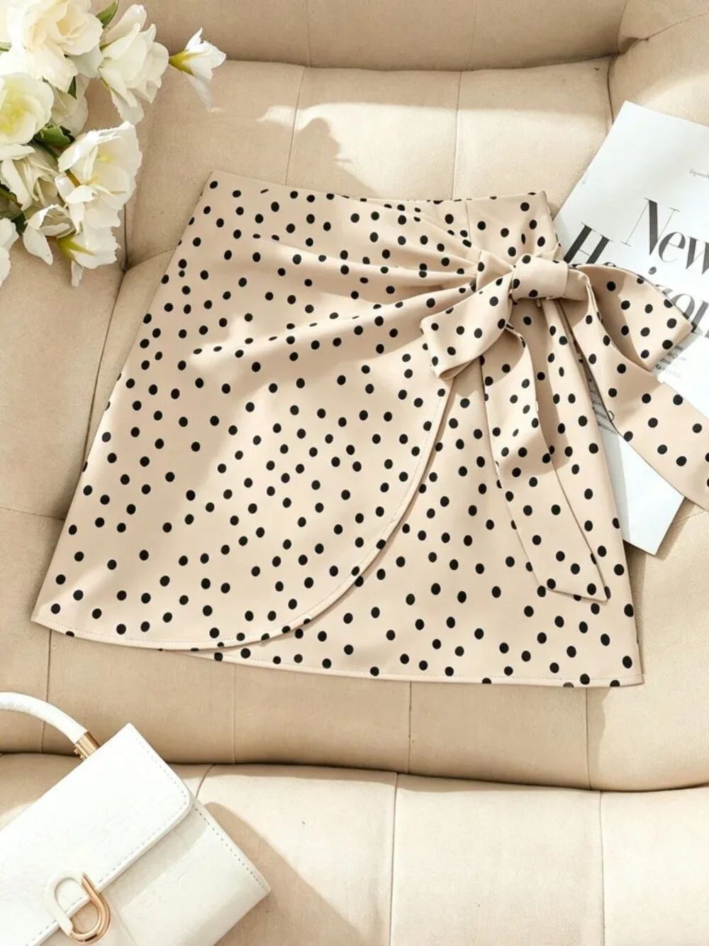 Apricot Casual Women's High Waist Polka Dot A-Line Mini Skirt